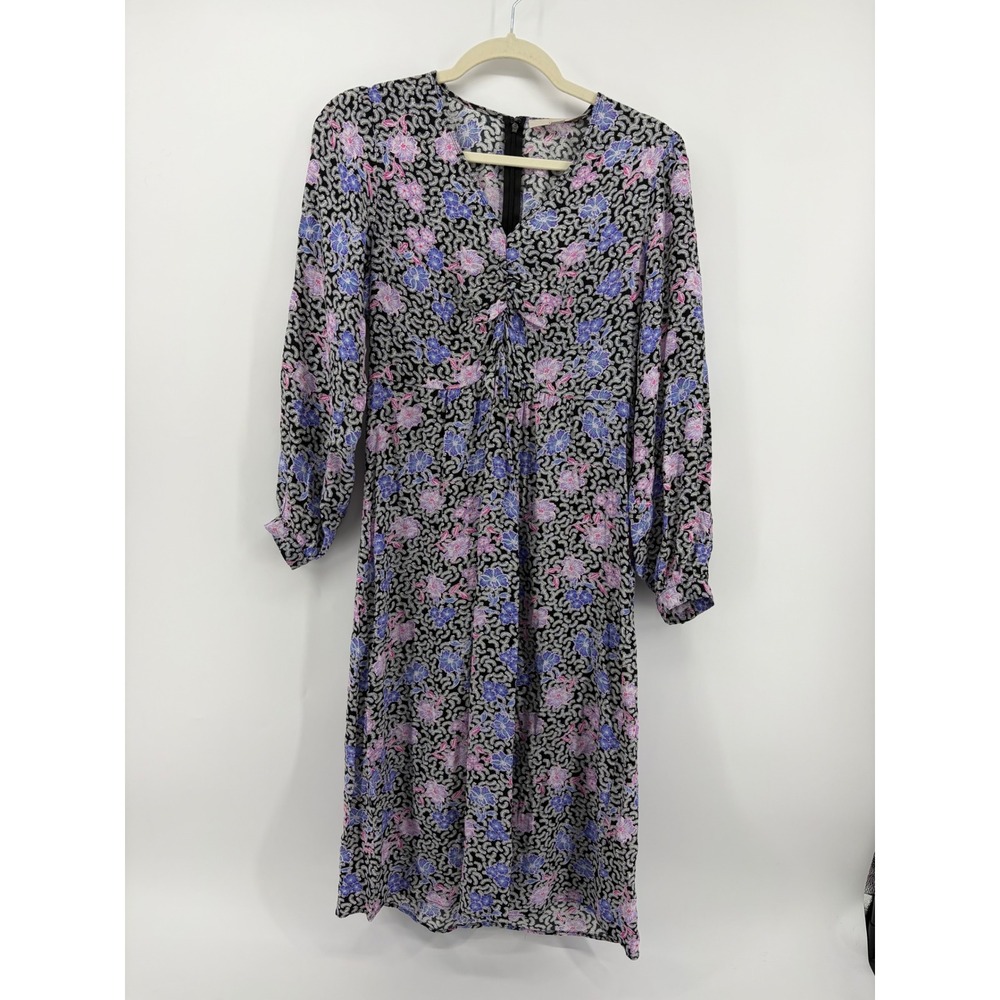 LOFT Womens 4P Black Floral Midi Dress Long Sleeve V-Neck Cinched Bust Petites‎